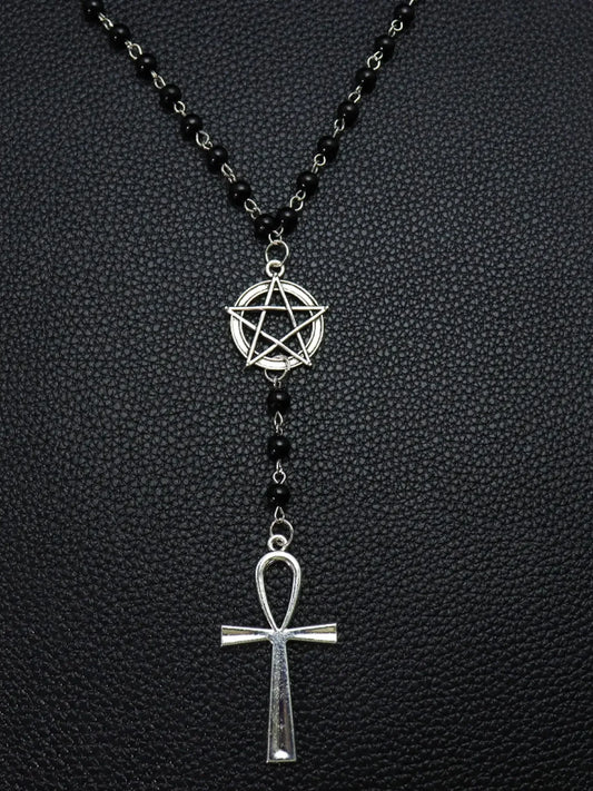 Gothic Pentagram Ankh Beaded Necklace With Crow Skull Pendant