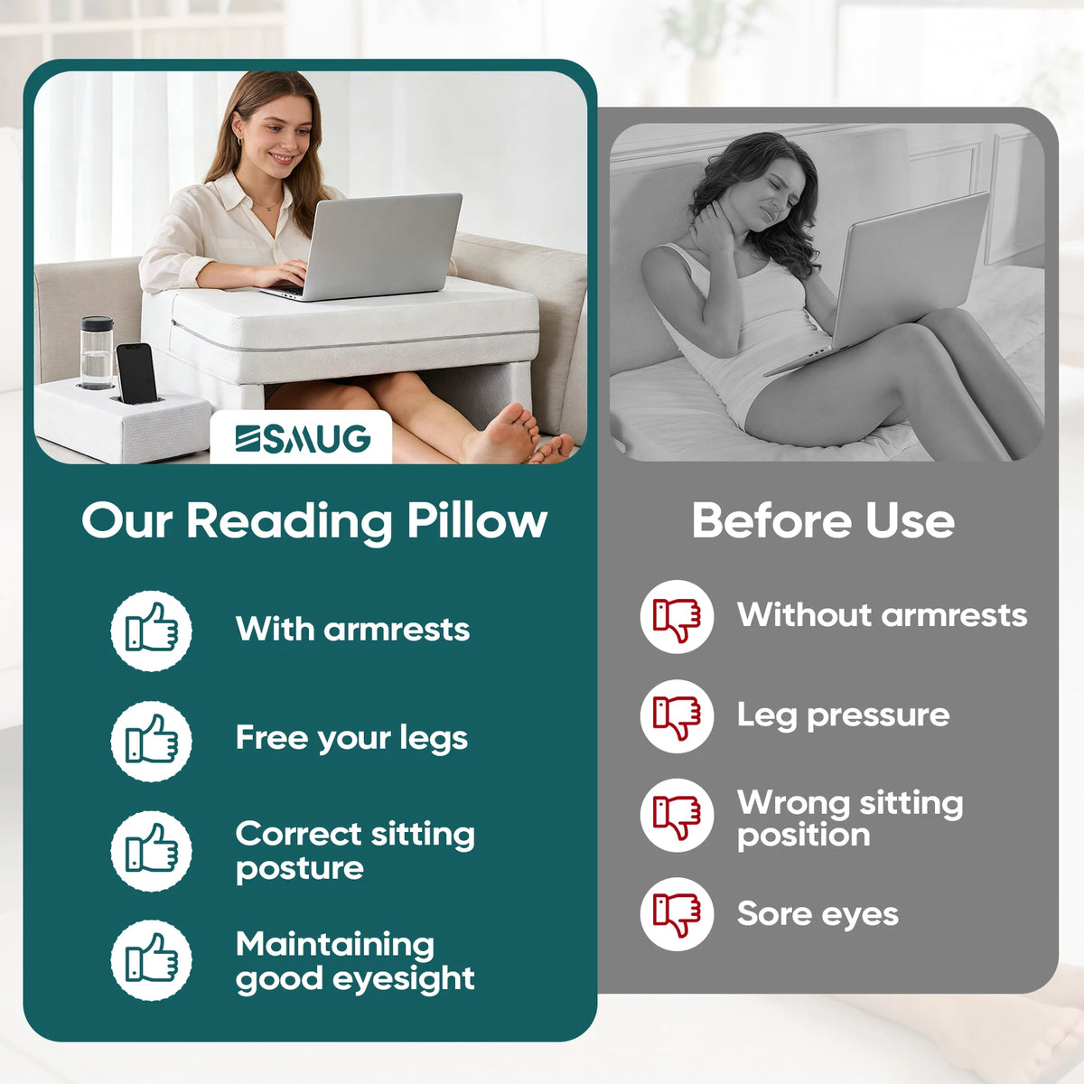 JHK Square Memory Foam Reading Pillow With Cooling Cover