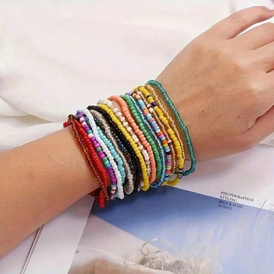 Bohemian Glass Bead Bracelets 17 Pcs Set Unisex Assorted Colors