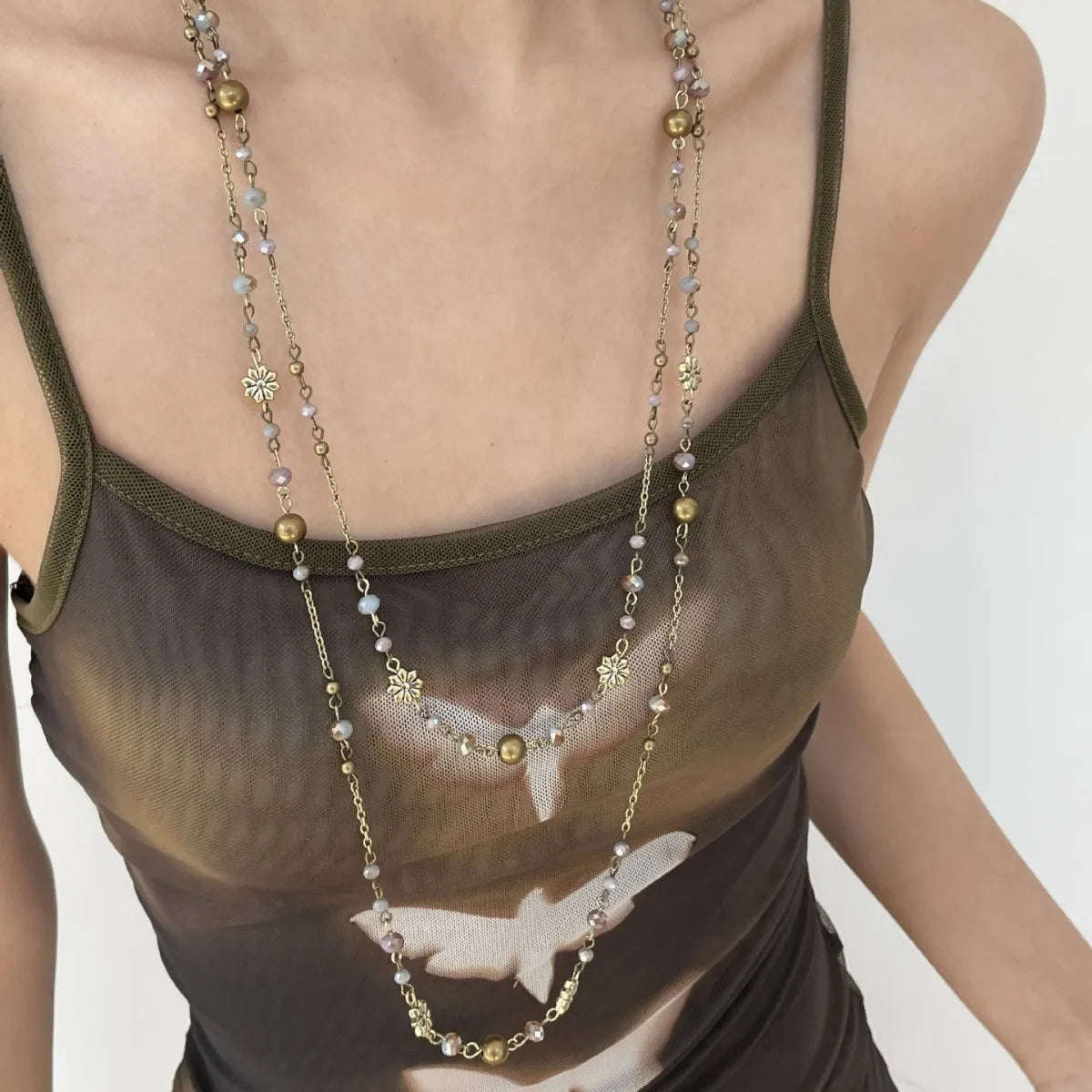 Retro Double Layer Chain Necklace Women's Bohemian Spicy Girl Vintage Long Ethnic Style Colorful Flower Beaded Sweater Chain