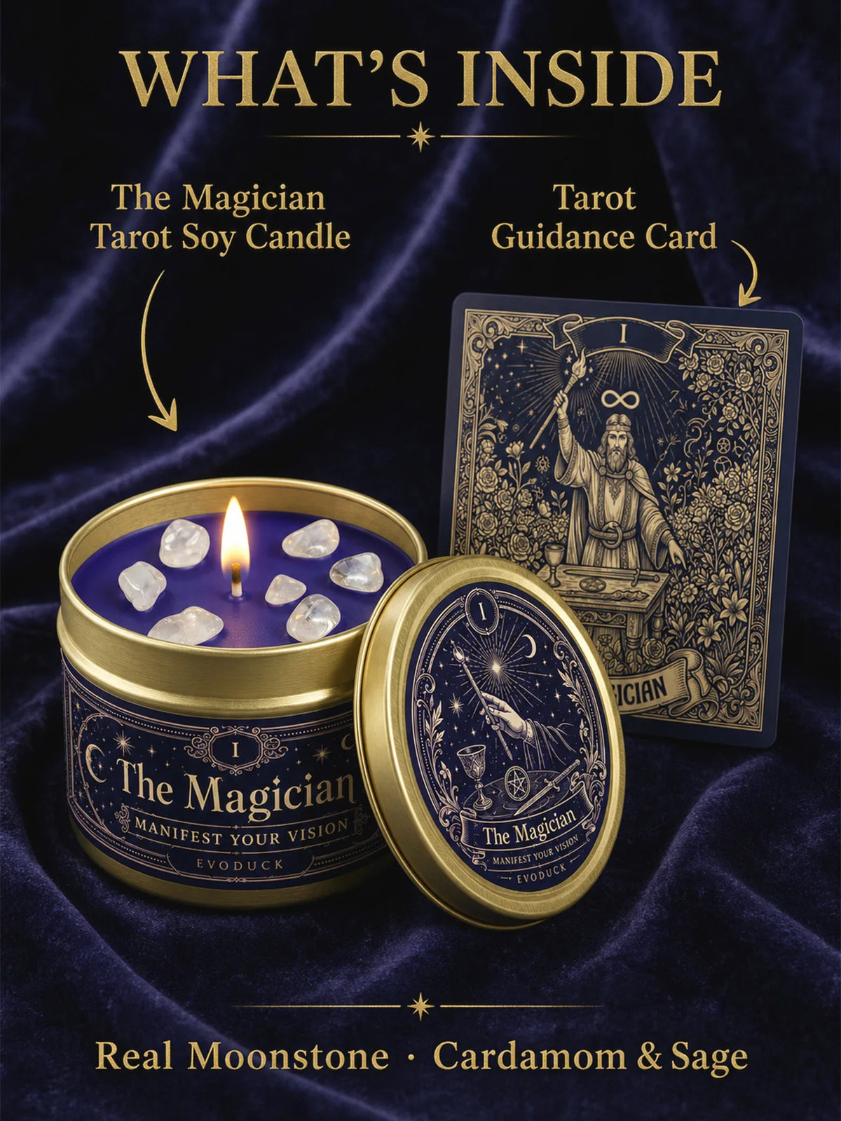Evoduck Tarot Meditation Candle With Cardamom Sage And Clear Crystals