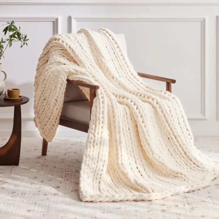 Chunky Knit Throw Blanket Chenille Yarn Handmade Cozy
