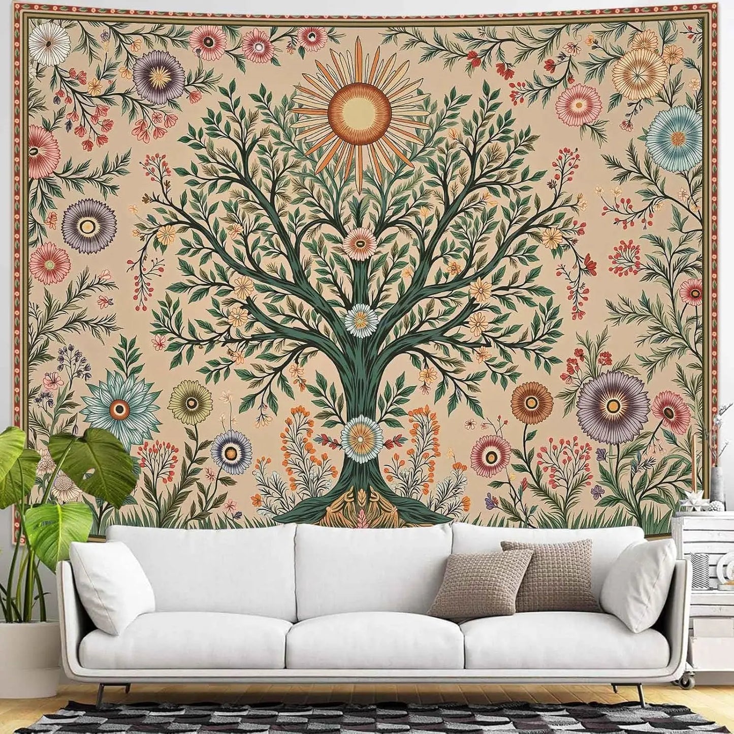 Chakra Tree Wall Tapestry Celestial Sun And Floral Boho Decor