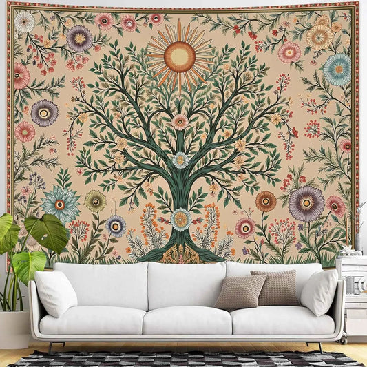 Chakra Tree Wall Tapestry Celestial Sun And Floral Boho Decor