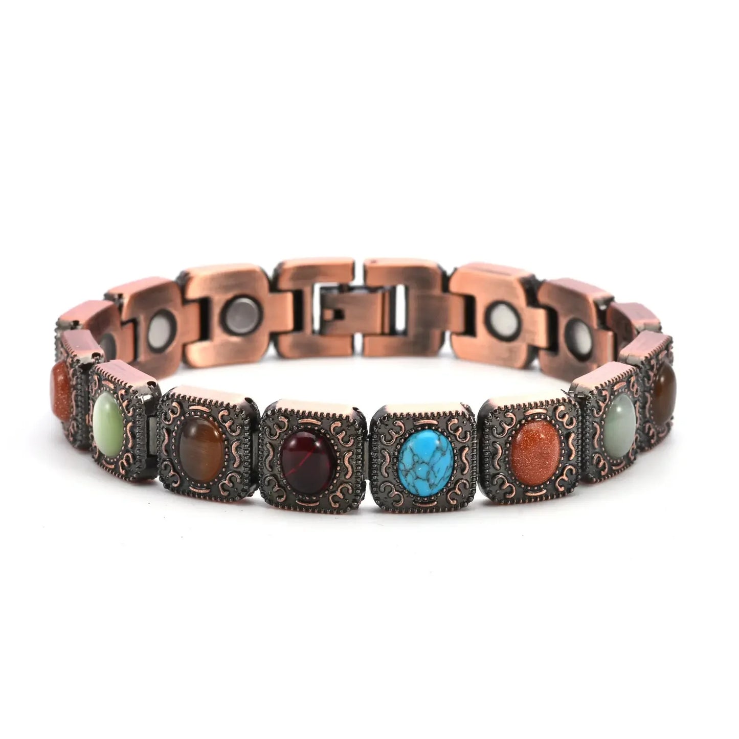 Copper Magnetic Bracelet With Turquoise And Stones Adjustable