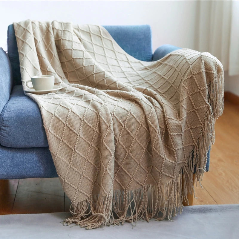 Knit Throw Blanket With Tassels All Acrylic Vintage Farmhouse