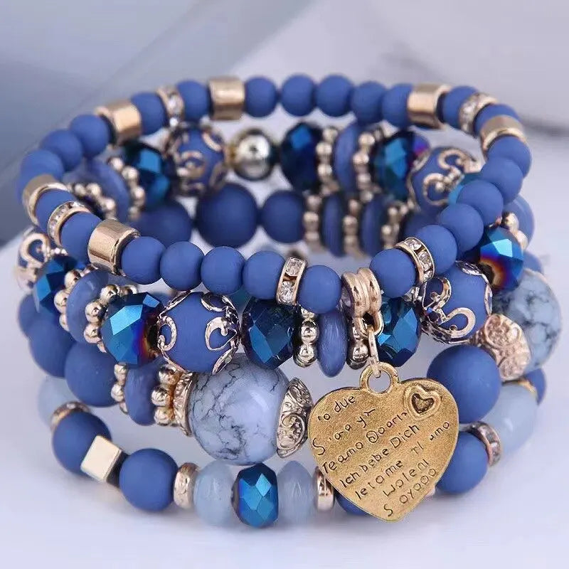 Women Boho Strand Bracelets Crystal Heart Letter Elastic Bangle Jewelry