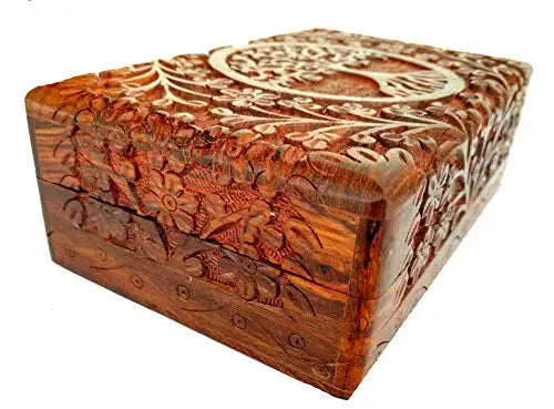 Hand Carved Wooden Jewelry Box With Tree Of Life Design
