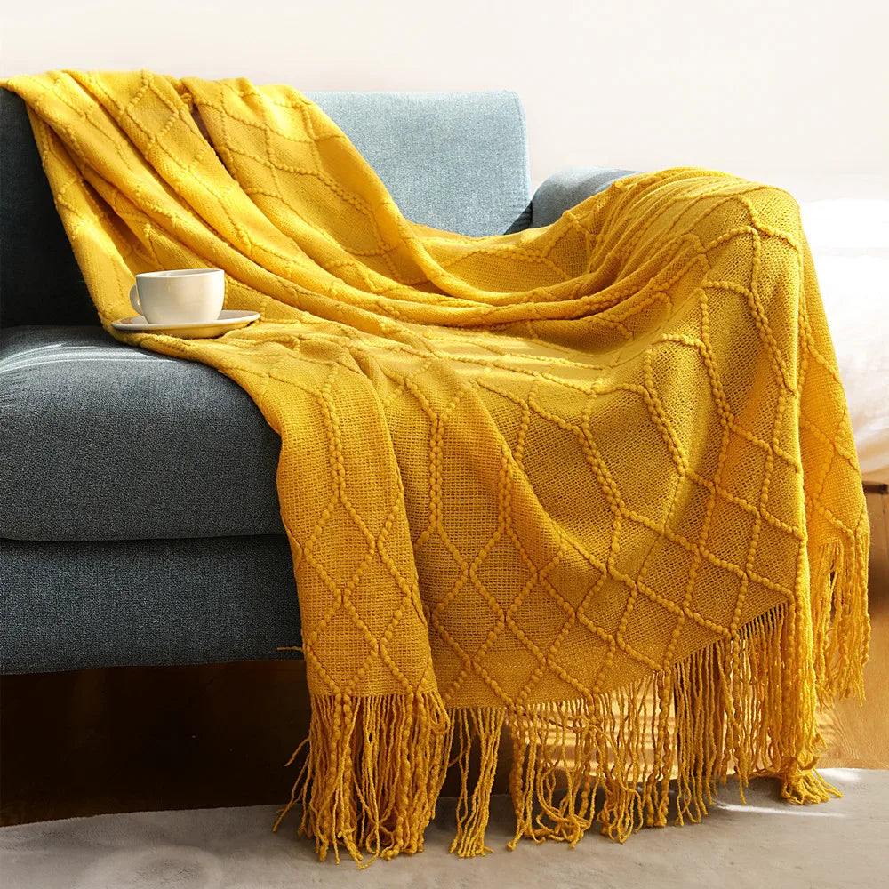Knit Throw Blanket With Tassels All Acrylic Vintage Farmhouse