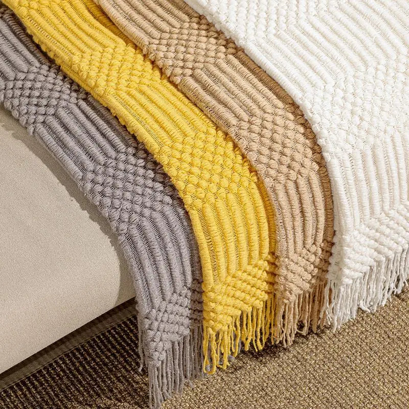 Knit Throw Blanket With Tassels All Acrylic Vintage Farmhouse