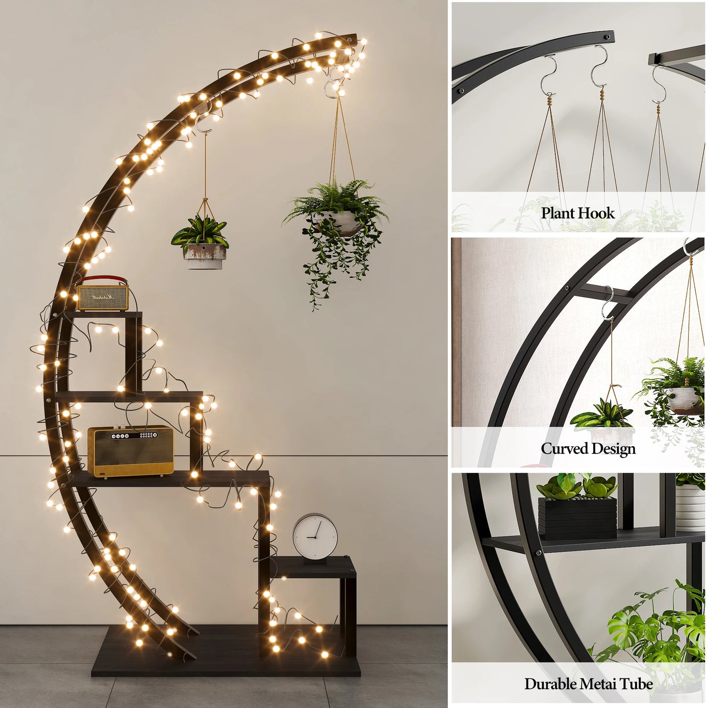 HiMISS 5 Tier Metal Plant Stand Half Moon Indoor Plant Shelf With Hooks