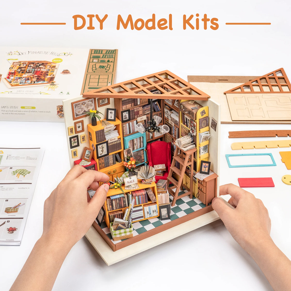 Rolife 3D Wooden Miniature Library Dollhouse Kit With LED Light