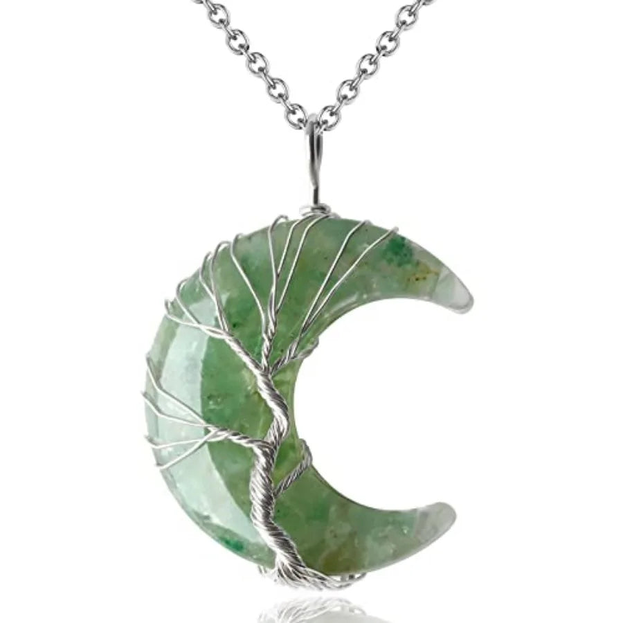 Healing Crystal Tree Life Crescent Moon Wire Wrapped Necklace