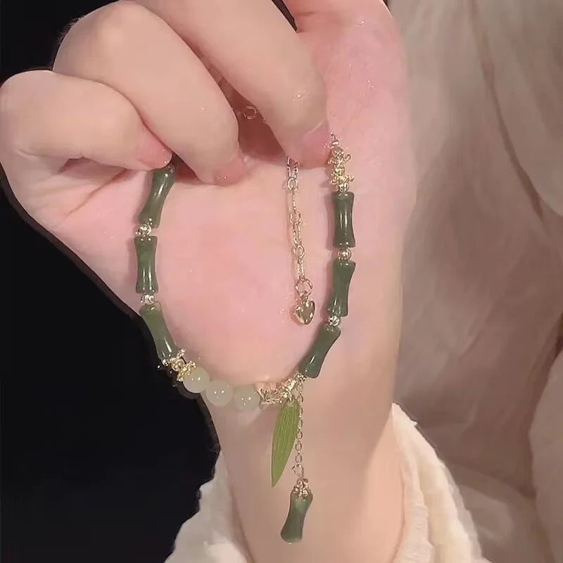 Handmade Bamboo Joint Leaves Tassel Beaded Strand Bracelet For Women