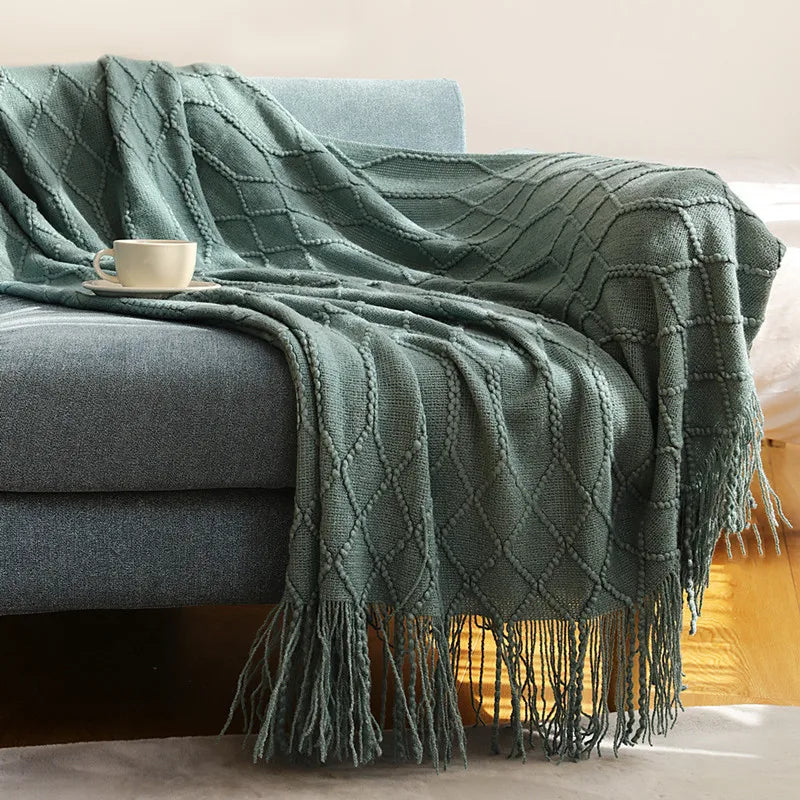 Knit Throw Blanket With Tassels All Acrylic Vintage Farmhouse