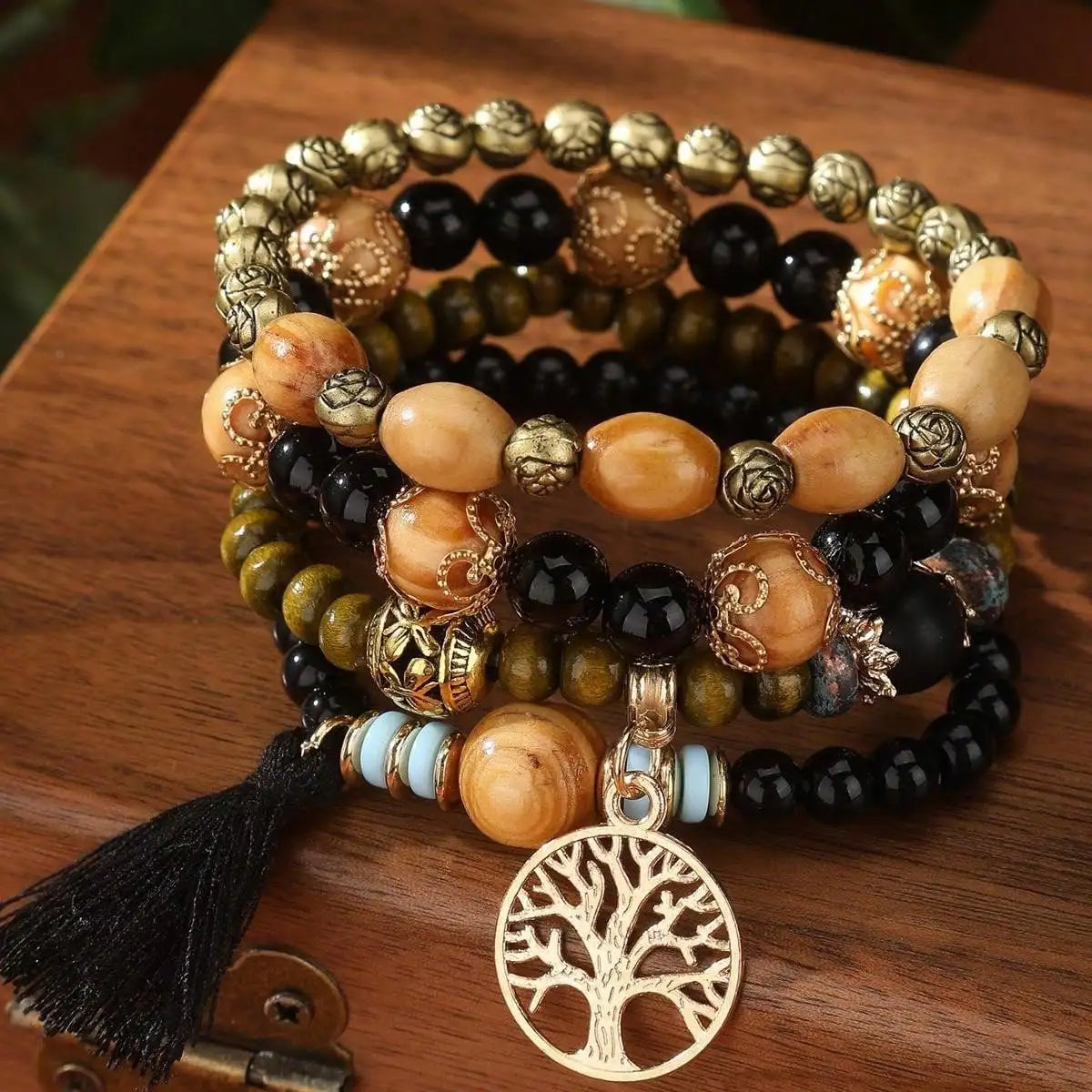 4pcs/Set Boho Style Life Tree Tassel Pendant Multi-Layer Wooden Beads Bracelet