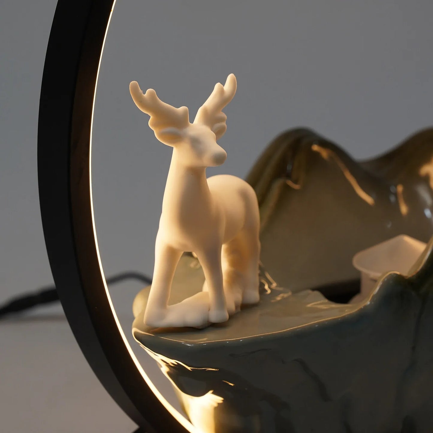 Ceramic Tabletop Fountain With Mist, LED Lighting, Deer Figurine And Pine Branches