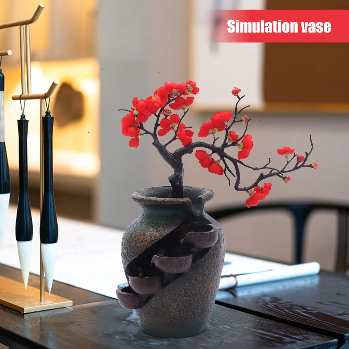 Bymaocar Tabletop Water Fountain Featuring Simulated Flowers And Silent Pump