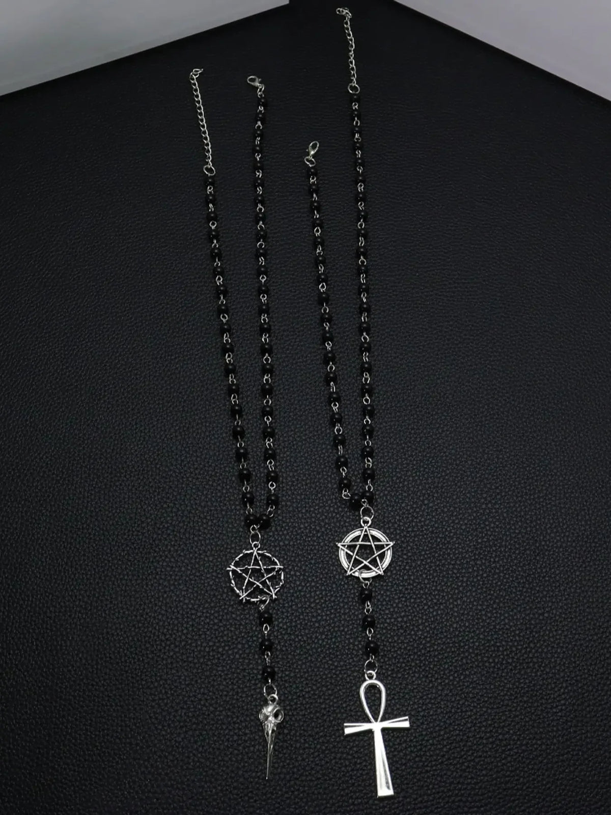 Gothic Pentagram Ankh Beaded Necklace With Crow Skull Pendant