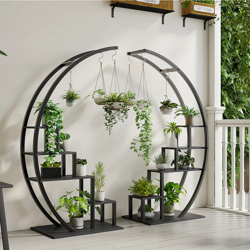 HiMISS 5 Tier Metal Plant Stand Half Moon Indoor Plant Shelf With Hooks
