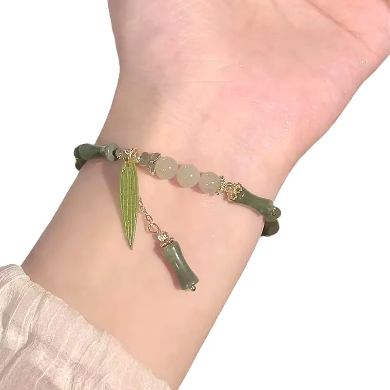 Handmade Bamboo Joint Leaves Tassel Beaded Strand Bracelet For Women