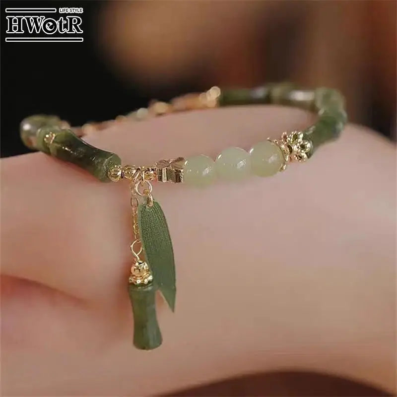 Handmade Bamboo Joint Leaves Tassel Beaded Strand Bracelet For Women