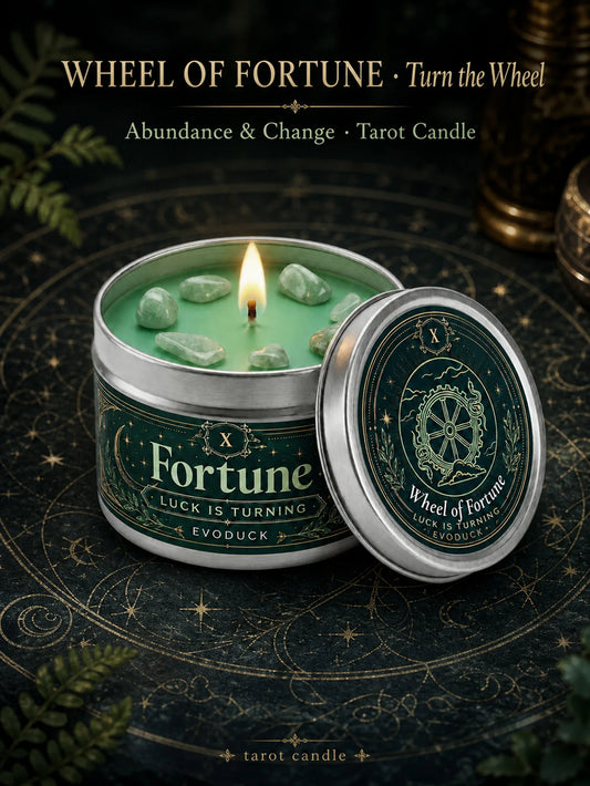 Evoduck Wheel of Fortune Tarot Candle with Crystals Spiritual Abundance