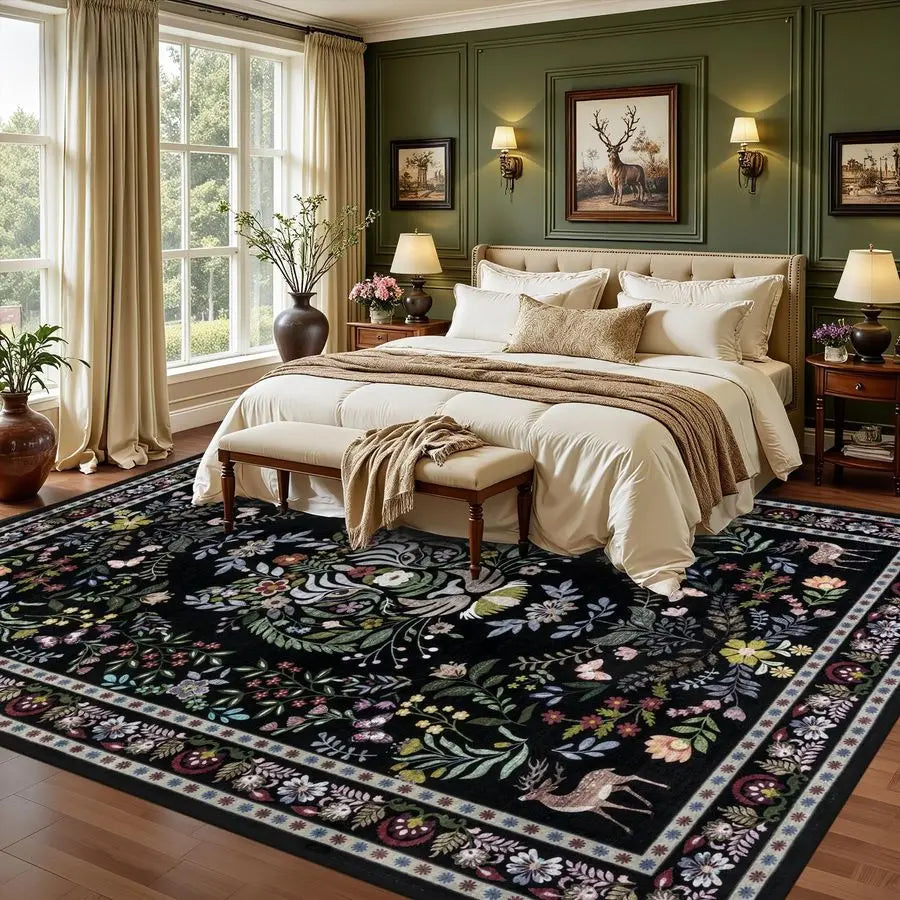 Boho Floral Living Room Rug, Washable, Stain Resistant, Non Slip