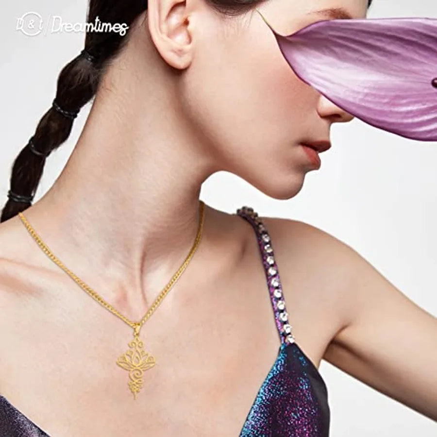 Lotus Flower Pendant Necklace Stainless Steel Unalome Charm Jewelry