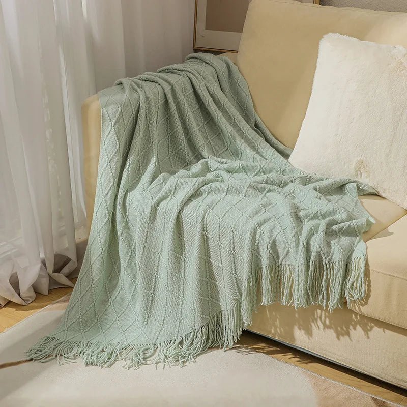Knit Throw Blanket With Tassels All Acrylic Vintage Farmhouse