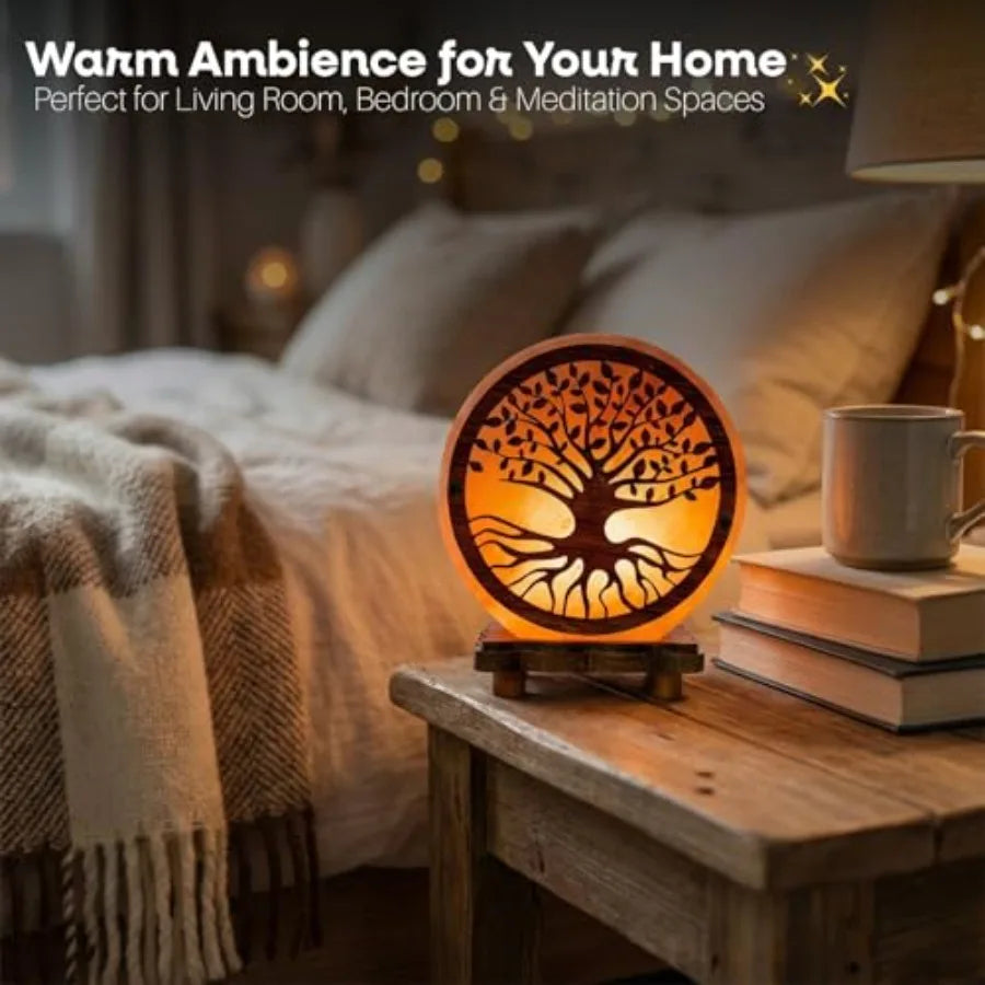 Himalayan Salt Lamp With Tree Of Life Design On Wooden Base