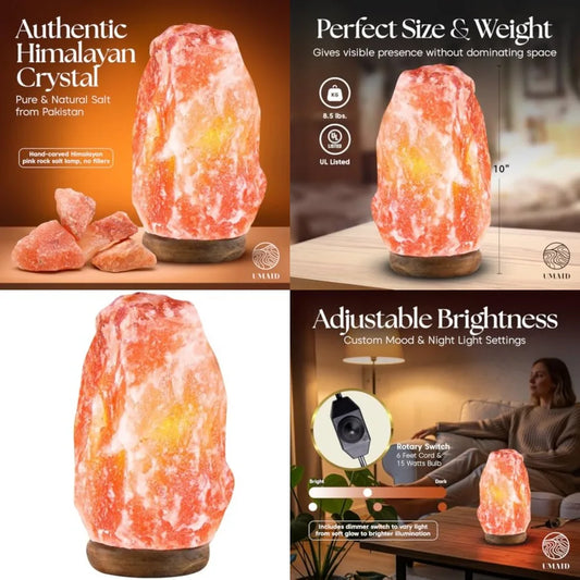 Himalayan Salt Lamp With Wooden Base And Dimmer Night Light