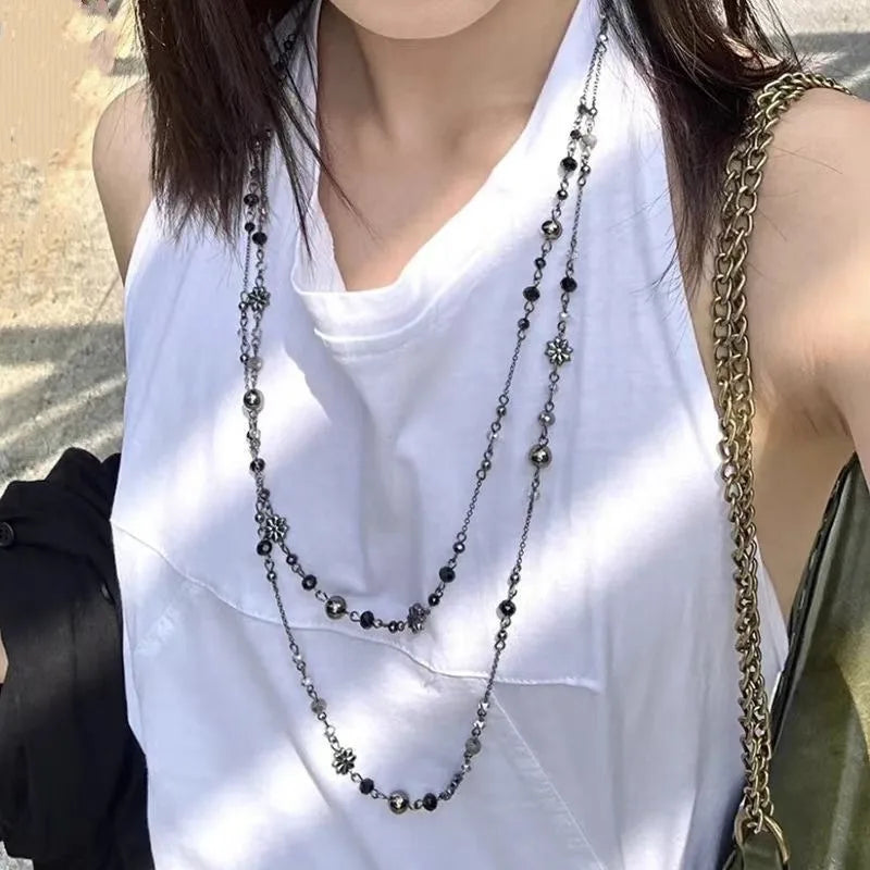 Retro Double Layer Chain Necklace Women's Bohemian Spicy Girl Vintage Long Ethnic Style Colorful Flower Beaded Sweater Chain