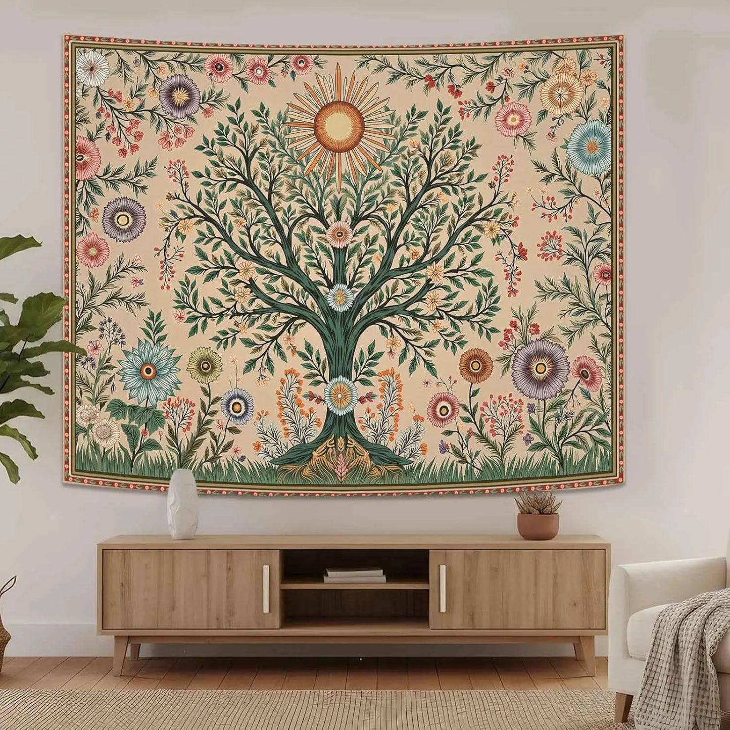 Chakra Tree Wall Tapestry Celestial Sun And Floral Boho Decor