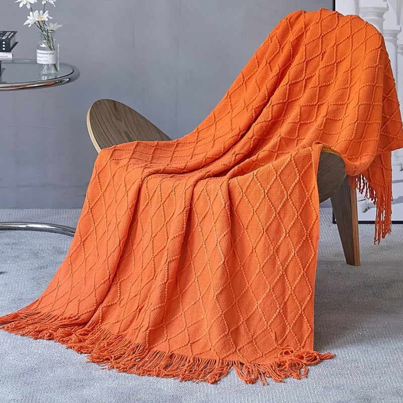 Knit Throw Blanket With Tassels All Acrylic Vintage Farmhouse