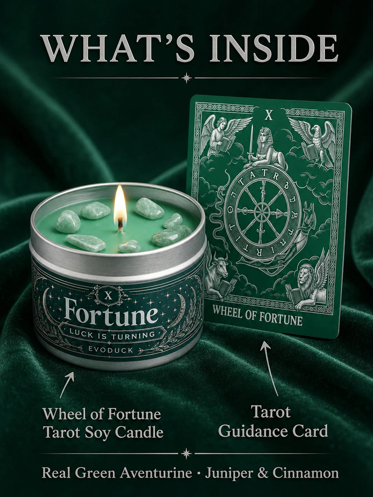 Evoduck Wheel of Fortune Tarot Candle with Crystals Spiritual Abundance