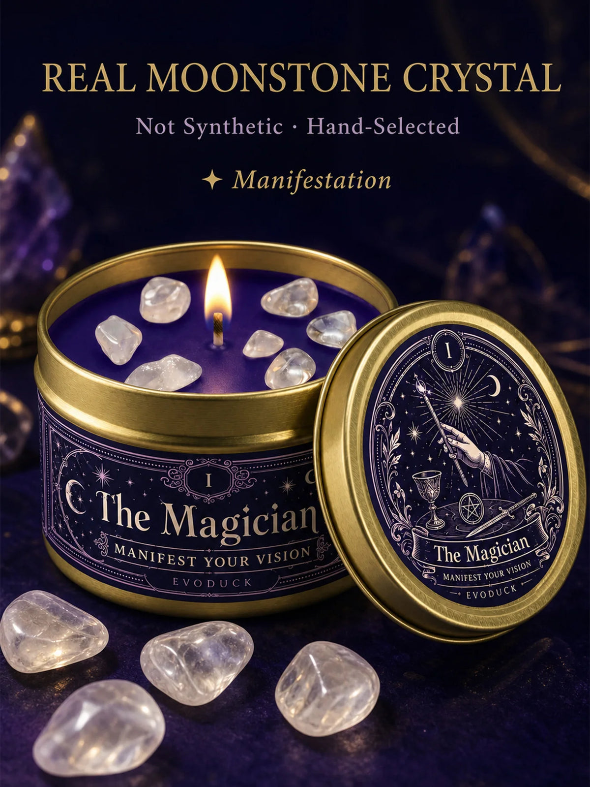 Evoduck Tarot Meditation Candle With Cardamom Sage And Clear Crystals