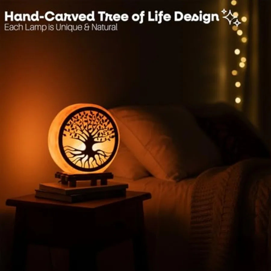 Himalayan Salt Lamp With Tree Of Life Design On Wooden Base
