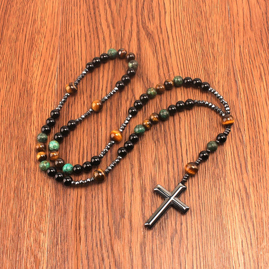 Natural Stone Africa Turquoise And Tiger Eye Beads Cross Necklace