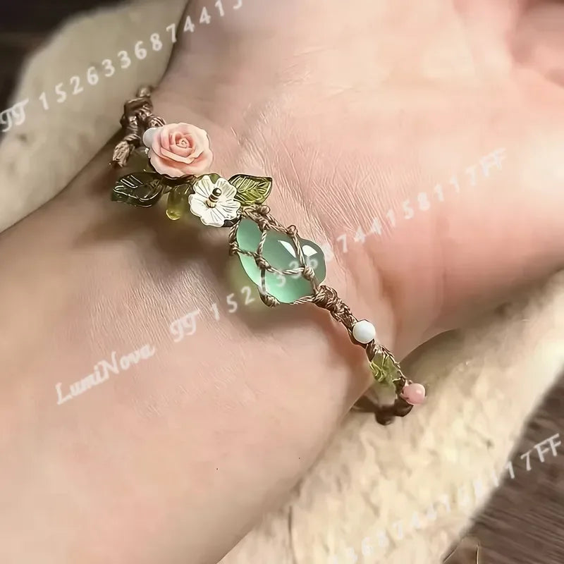 Boho Vintage Macrame Woven Bracelet With Crystal Flower Charm