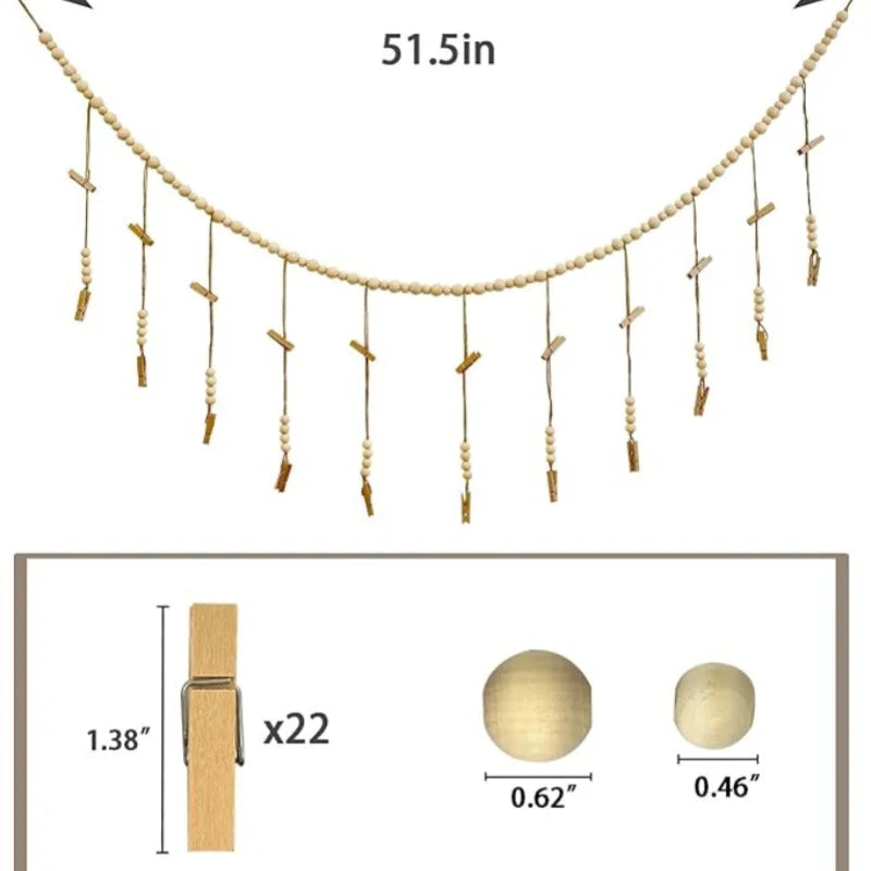 Wooden Bead Garland Hanging Photo Display Boho Wall Decor