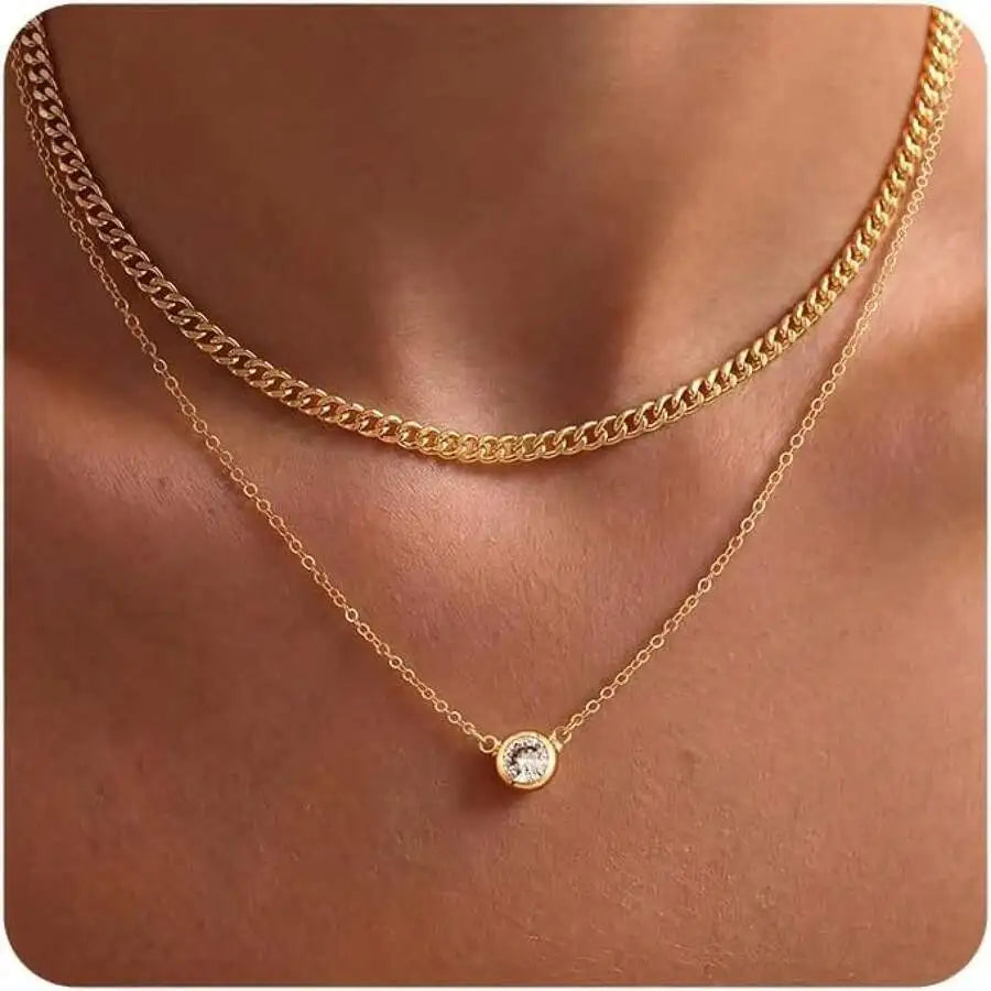 Layered CZ Pendant Necklace With Star And Crystal Charms