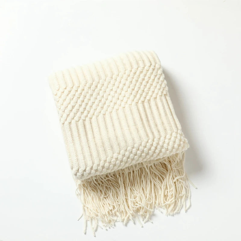 Knit Throw Blanket With Tassels All Acrylic Vintage Farmhouse