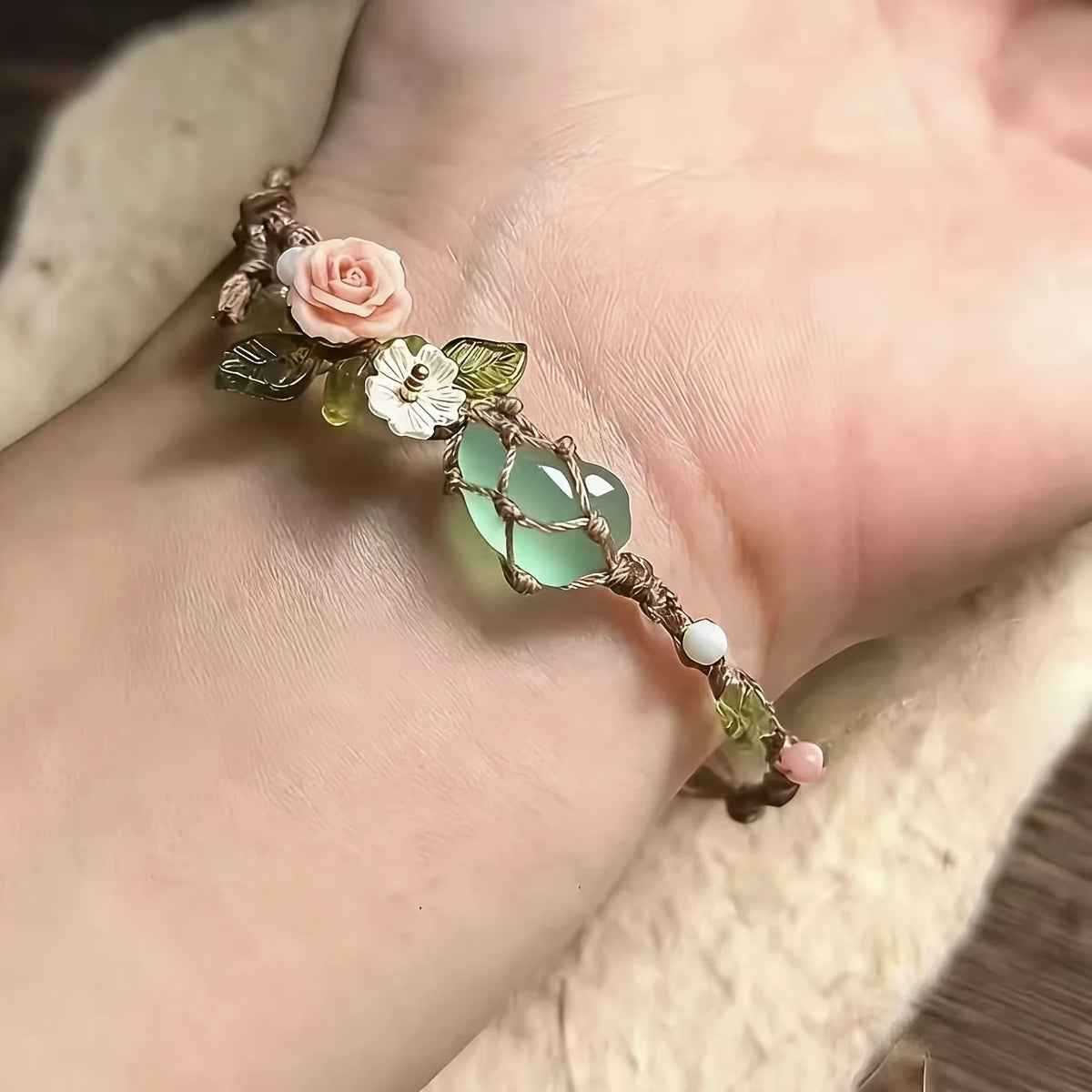 Boho Vintage Macrame Woven Bracelet With Crystal Flower Charm