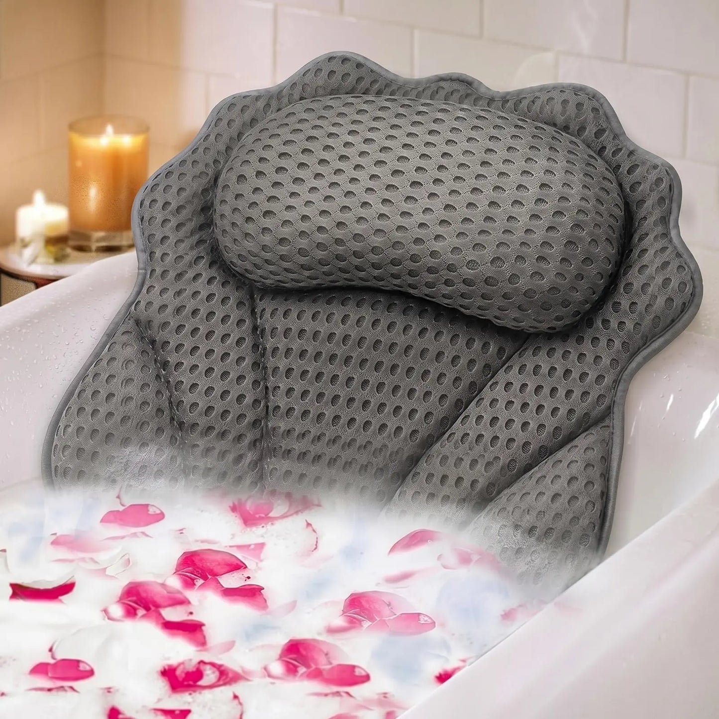 Ergonomic Bath Pillow With 6 Suction Cups For All Bathtubs