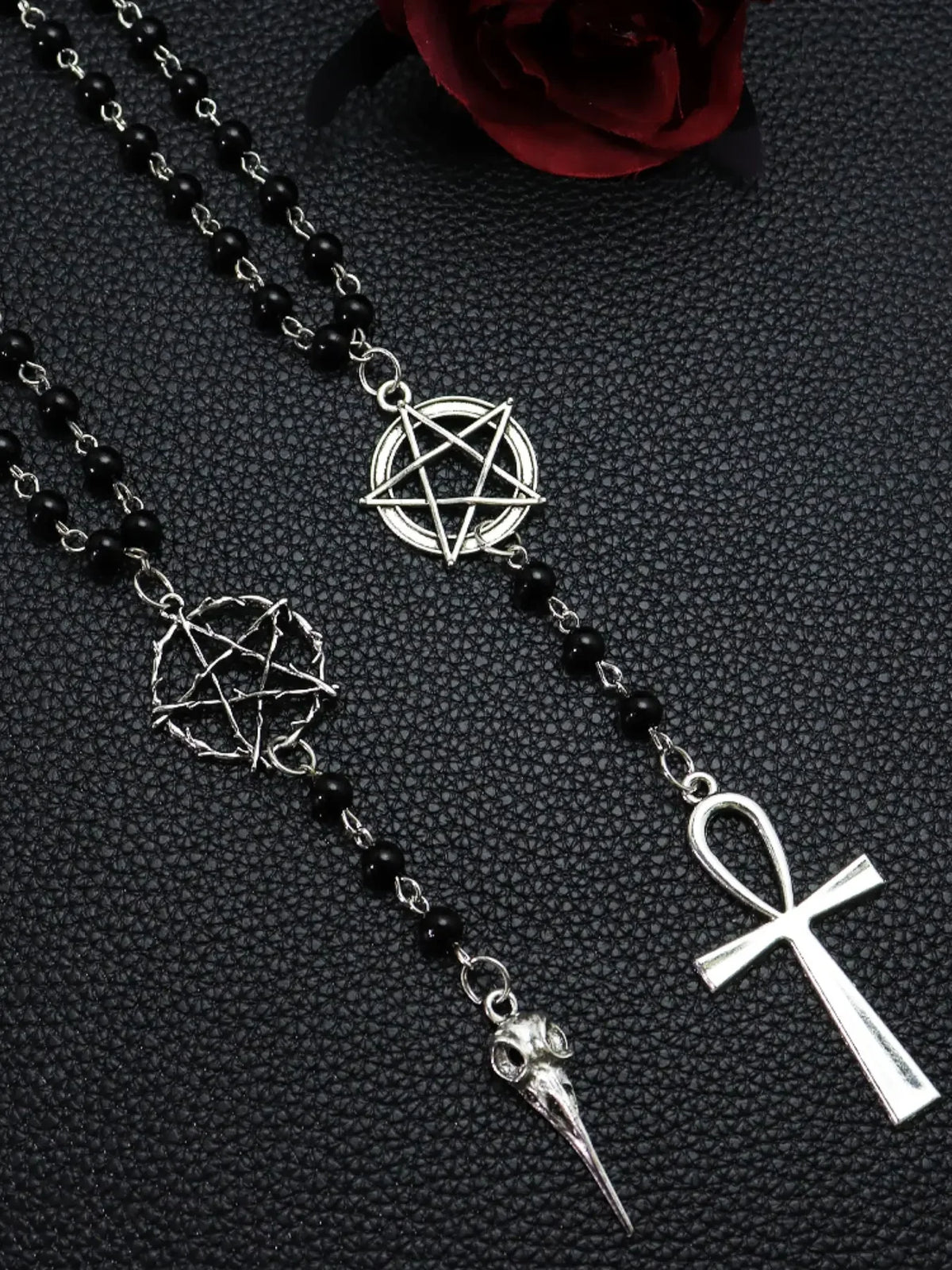 Gothic Pentagram Ankh Beaded Necklace With Crow Skull Pendant