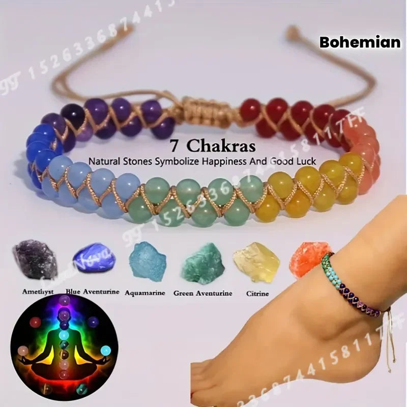 Handcrafted Seven Chakra Yoga Stone Ankle Bracelet Vintage Bohemian