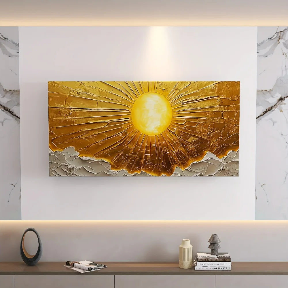 Large Abstract Sun Canvas Wall Art With Pine Frame
