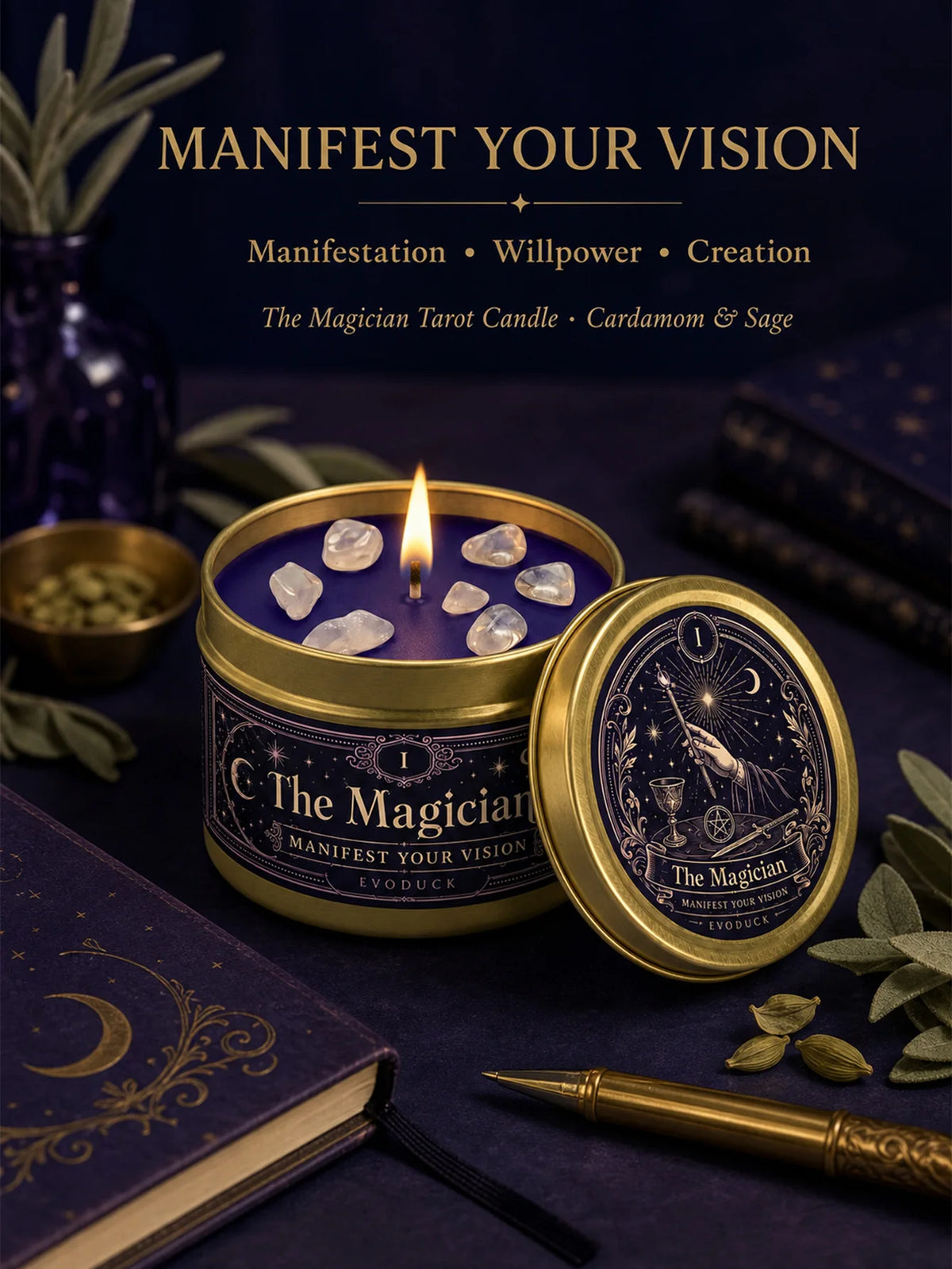 Evoduck Tarot Meditation Candle With Cardamom Sage And Clear Crystals