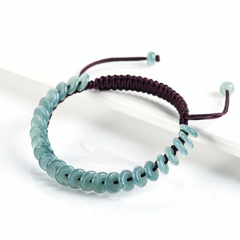 Natural Jadeite Blue Water Peace Buckle Hand Woven Bracelet